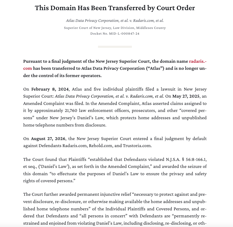 The domain radaris.com now redirects to this notice from Atlas about the court-ordered domain transfer.